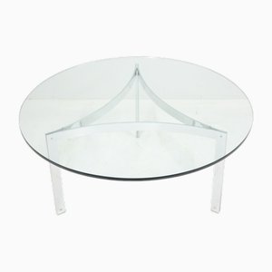 Mesa de centro italiana redonda de cromo y vidrio, años 80