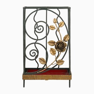 Art Deco Wrought Iron Umbrella Stand with Floral Decoration, France, 1930s