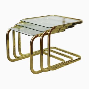 Mid-Century Modern Brass and Smoked Glass Nesting Tables by Milo Baughman, 1970s, Set of 3
