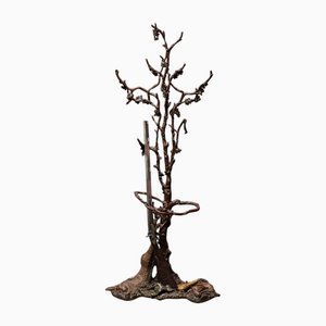 Ornate Iron Hallway Piece with Hunting Theme in Brown and Gold Accents, 1890s