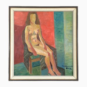 Nude en silla con marco, años 50, madera y laca y lino, con marco