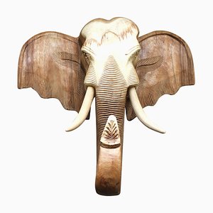 Cabeza de elefante de teca, Tailandia. , Años 90, Madera