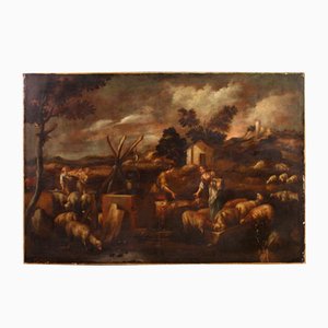 Bucolic Landscape Painting with Figures and Animals, 1680, Oil on Canvas, Framed