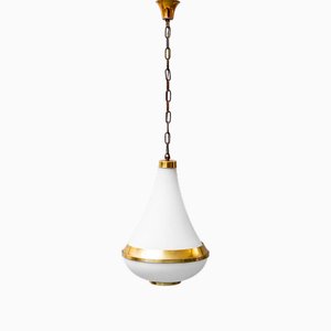 Lustre en Verre Opalin et Laiton, 1950s