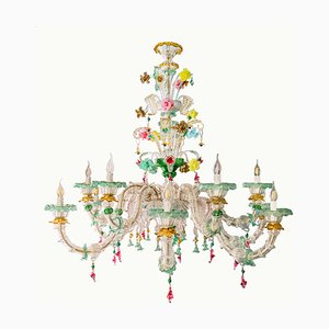Lustre Vénitien Vintage en Verre de Murano Vert et Fleurs, 1960s