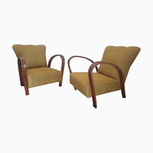Poltrone Art Deco in legno curvato e velluto, anni '40, set di 2