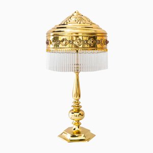 Large Art Deco Brass Table Lamp with Opaline Glass Stones, Vienna, 1920s