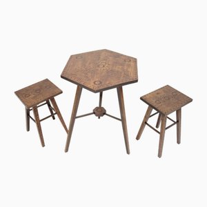 Hand Carved Folk Table and Stools, Former Czechoslovakia, 1960s, Set of 3