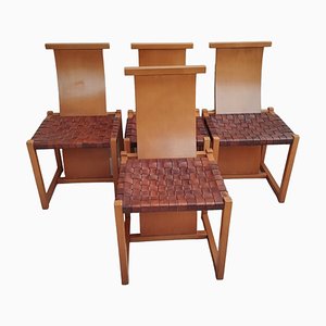 Sedie in faggio e pelle intrecciata, Italia, anni '70, set di 4