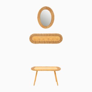 Mid-Century Wicker Set of Stool, Mirror and Coat Hanger, Former Czechoslovakia, 1970s, Set of 3