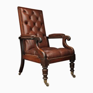 Silla de biblioteca reclinable William IV de cuero con ruedas de latón