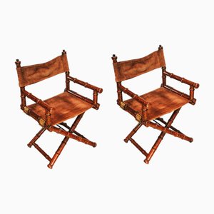 Set of Faux Bamboo, Brass & Suede Folding Colonial Campaign Chairs by Galerie Leader, France, 1950s