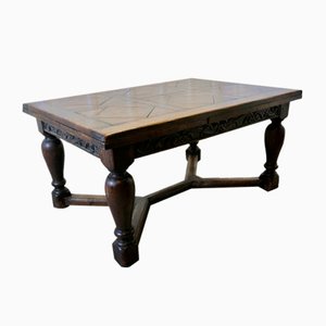 Large Antique Carved and Parquetry Oak Draw Leaf Table, 1890s
