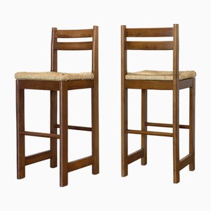 Set of Wooden Bar Stools in Straw, 1980s