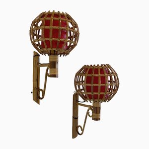 Appliques Murales en Rotin et Bambou, 1970s, Set de 2
