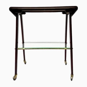 Side Table with Iron Frame & Ebonized Beech Table Top with Wheels, Italy, 1960s