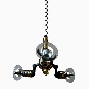 Space Age Height-Adjustable Black and Gold Ufo Pendant Light, 1980s