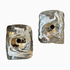 Spage Age Clear and White Murano Glass and Steel Wall Sconces attributed to Mazzega, 1970s, Set of 2