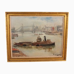 Pauline Boumphrey, sul fiume Tamigi, Londra, 1953, Olio su tela, con cornice