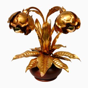 Lámpara de mesa Hollywood Regency Lily of the Valley en hoja de oro y roble de metal, años 70