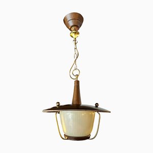 Pendant Lamp in Teak, Brass and Ice Glass from Temde Leuchten, Switzerland, 1960s
