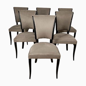 Art Deco Chairs in Black Lacquer & Grey Alcantara, France, 1930s, Set of 6