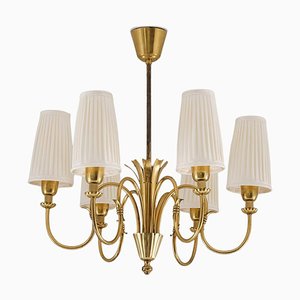 Swedish Modern Chandelier in Brass and Wood from Böhlmarks, 1940s