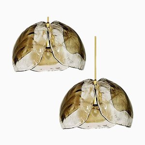 Murano Pendant Lights in Amber Glass and Brass, 1970s, Set of 2