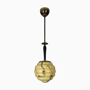 Art Deco Hängelampe aus Marmoriertem Opalglas, Messing & Holz, Schweden, 1930er