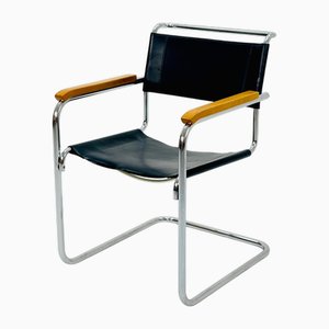 Bauhaus Black Leather S34 Armchair by Mart Stam for Thonet, 1980s