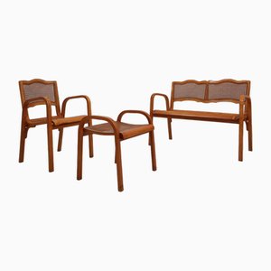 Banc et Fauteuil Mid-Century en Paille, à Vienne, 1940s, Set de 3