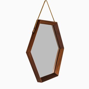 Vintage Italian Hexagonal Mirror in Teak, Italy, 1960s