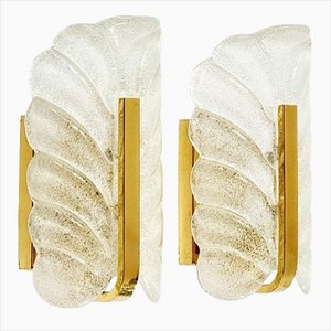 Scandinavian Glass and Brass Leaf Wall Lights by Carl Fagerlund for Orrefors, 1960s, Set of 2