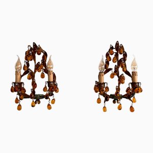 Italian Tole and Amber Murano Glass Drops Wall Sconces, 1950s, Set of 2
