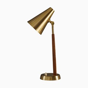 Mid-Century Scandinavian Table Lamp in Brass and Oak attributed to Falkenbergs, 1950s