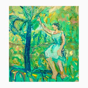 Francesca Owen, Jugando en el jardín verde, m 2024, pintura al óleo