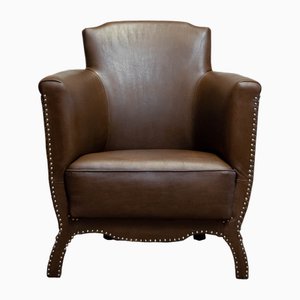 Sillón sueco de cuero marrón atribuido a Otto Schultz para Boet, 1935