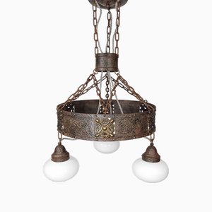 Antique Arts and Crafts Chandelier with Opaline Glass Shades