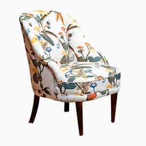 Danish Floral Printed Linen Slipper Chair in the style of J. Frank, 1940s