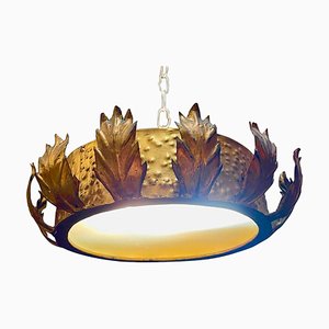 Large Spanish Crown Sunburst Fixture in Gilt Metal and Frost Glass, 1950