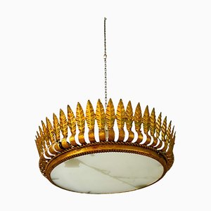 Grand Luminaire Crown Sunburst en Métal Doré et Verre Givré, Espagne, 1950