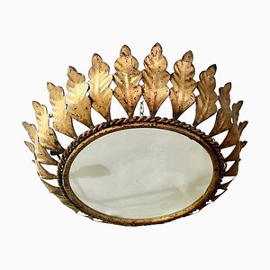 Large Spanish Crown Sunburst Fixture in Gilt Metal and Frost Glass, 1950