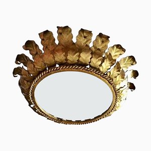 Large Spanish Crown Sunburst Fixture in Gilt Metal and Frosted Glass, 1950