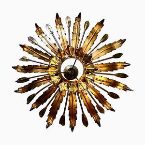 Large Spanish Crown Sunburst Fixture in Gilt Metal and Frosted Glass, 1950
