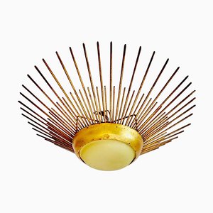 Crown Sunburst Fixture in Gilt Metal and Curved Frosted Glass, 1950