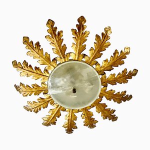 Grand Luminaire Sunburst en Métal Doré avec Support, Espagne, 1950