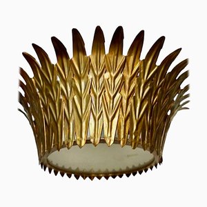 Large Spanish Crown Sunburst Fixture in Gilt Metal and Frost Glass, 1950