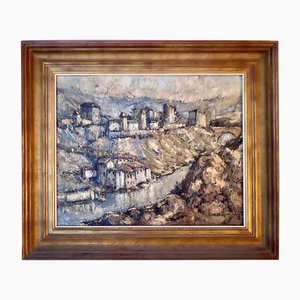 Castle with Village, Espagne, 1950, Toile, Encadré