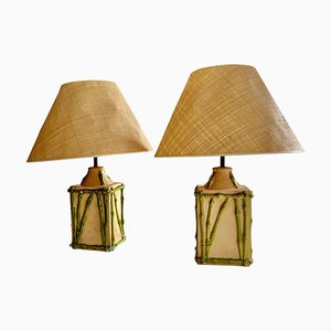 French Faux Bamboo & Ceramic Table Lamps, 1970, Set of 2