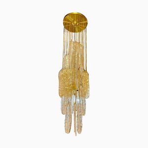 Suspension à Structure en Laiton et Feuilles de Glace Murano Doré en Verre de Mazzega, Italie, 1970s